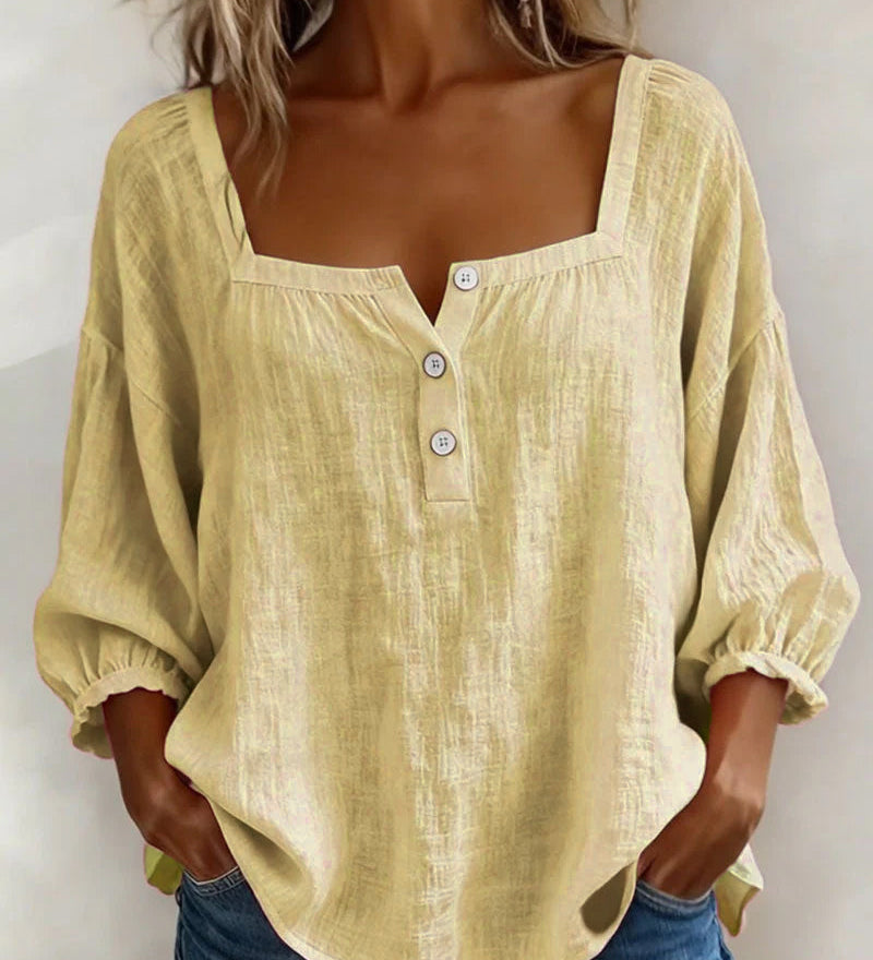 Fiona | Ženska bluza sa četvrtastim izrezom, 3/4 puf rukavi, bluza sa dugmadima
