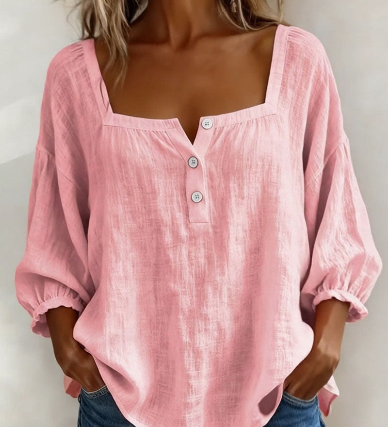 Fiona | Ženska bluza sa četvrtastim izrezom, 3/4 puf rukavi, bluza sa dugmadima